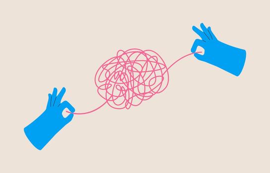 resolviendo problema concepto. dos manos Halar en enredado hilos. vistoso ilustración vector