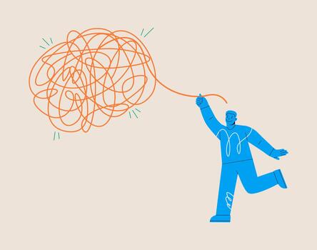 hombre Halar en enredado hilos. resolviendo problema concepto. vistoso ilustración vector