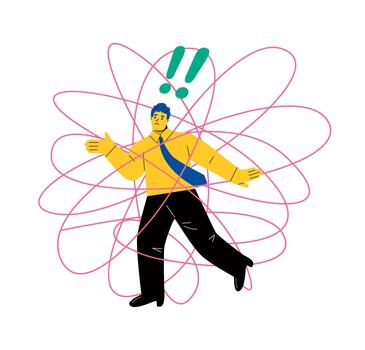 Complexity and difficulty concept. Business man trapped in a complicated thread. Flat illustration isolated on white vector