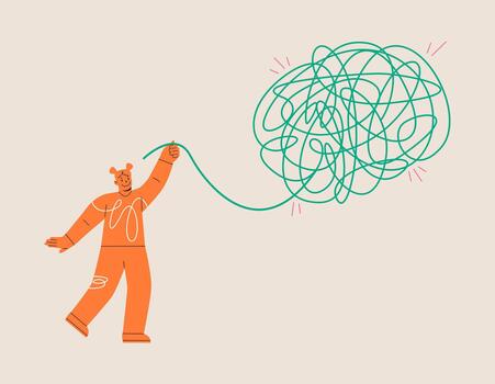 Woman pull on tangled threads. Solving problem concept. Colorful illustration vector