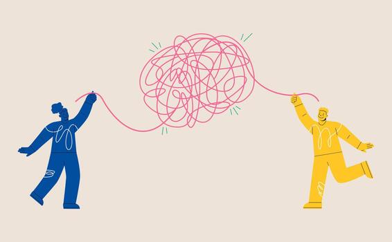 Woman and man pull on tangled threads. Solving problem concept. Colorful illustration vector