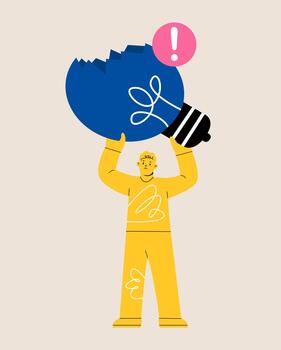 Man holding broken light bulb with crack. Solution fail concept. Colorful illustration vector