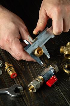 Master plumber measures the diameter of a fitting with caliper. Working environment in the workshop when connecting gas equipment photo
