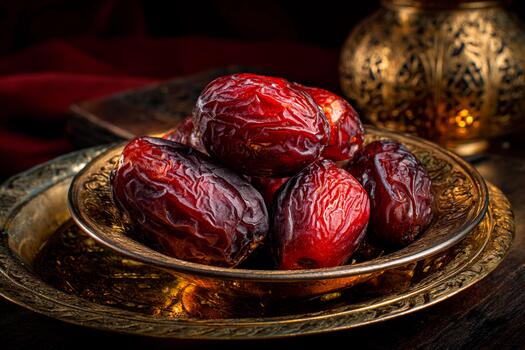 A silver plate holds several fresh dates resting in low light. Nearby is an ornate lamp, adding a warm glow to the scene. The setting creates a sense of warmth and richness photo