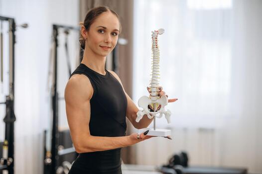 Fitness expert holding spine model photo