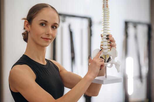 un mujer participación arriba un modelo de el espina foto
