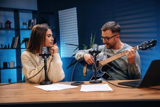 Podcast hosts engaging with music photo