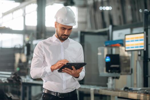 Engineer in hard hat with tablet photo