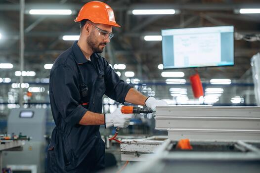 Worker with power tools in factory photo