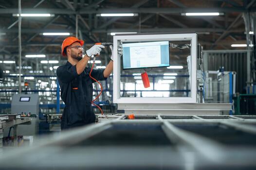Worker assembling window frames in factory photo
