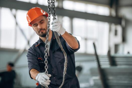 Worker managing heavy chains in workshop photo