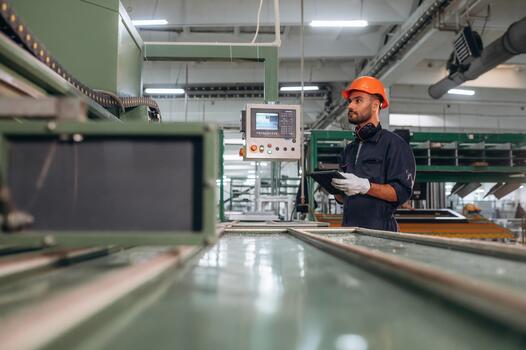 Factory worker using a tablet for monitoring photo