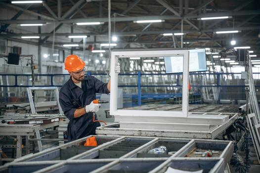 Worker assembling window frames in factory photo