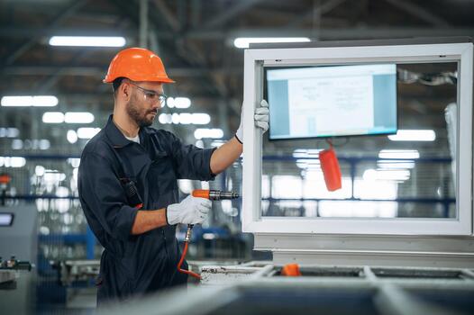 Worker assembling window frame in factory photo