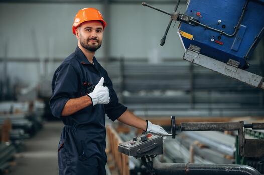 Worker in helmet operating machinery photo