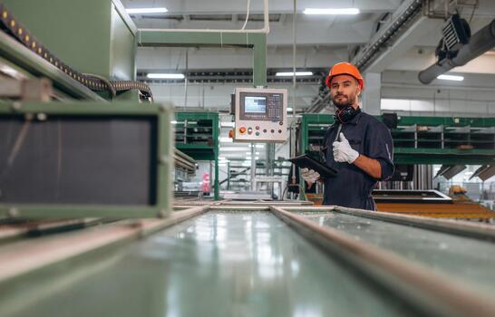 Factory worker with control panel photo