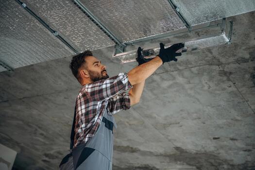 Worker installing ceiling panel photo
