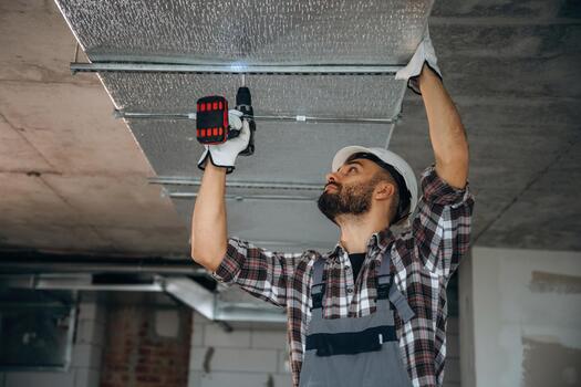 Man fixing ceiling panels with tools photo