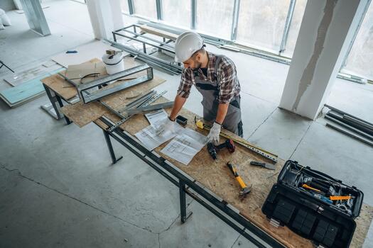 Construction worker with tools and plans photo