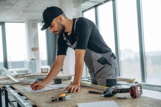 Construction worker reviewing project plans photo
