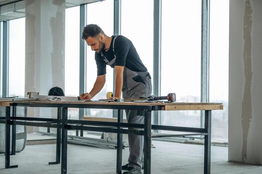 Man at construction table with tools photo