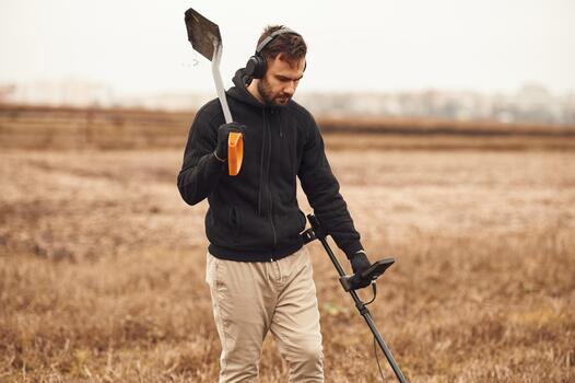 Man using a metal detector outdoors photo