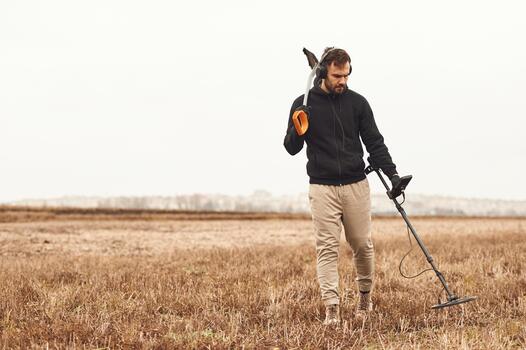 Man with metal detector in the field photo