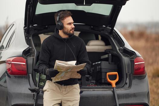 Man with map and headphones in car photo