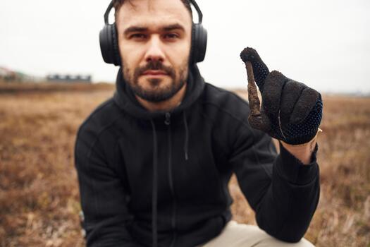 Man with gloves points in field photo