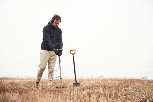 Man metal detecting in a field photo