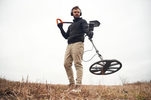 Man with metal detector in a field photo