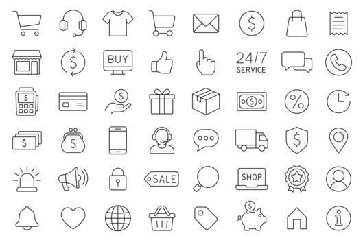 Online Shopping Line Icon Set Offers Clean, Modern, And Editable Stroke Symbols Designed For E-Commerce, Delivery, And Digital Retail Projects, Providing Clear Visuals For Web, Apps. vector