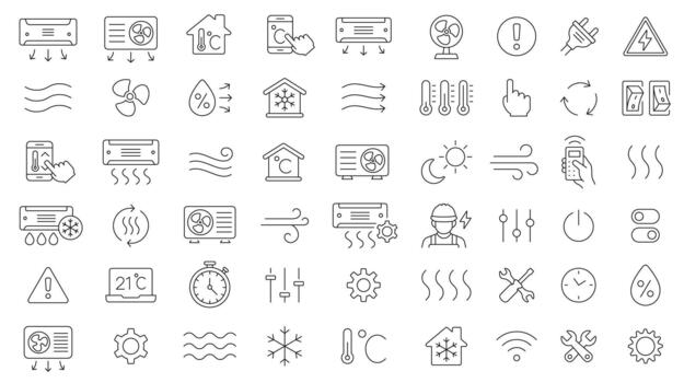 Air Conditioning Line Icon Set. 55 Clear, Modern Symbols For Cooling, Heating, Ventilation, Temperature Control, And Smart Home Functions. Ideal For HVAC Guides, Mobile Apps. Isolated Icons. vector