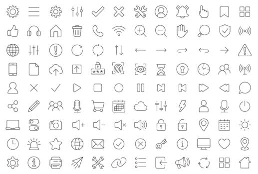 Basic UX And UI Line Icon Set. A Collection Of 111 Thin Line Editable Stroke Icons Representing Interface, Navigation, And Interaction Elements. Perfect For Web, App, And Digital Design Projects. vector