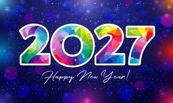 Happy New Year 2027 postcard design. Holiday backdrop with abstract elements, bokeh and snowflakes. vector