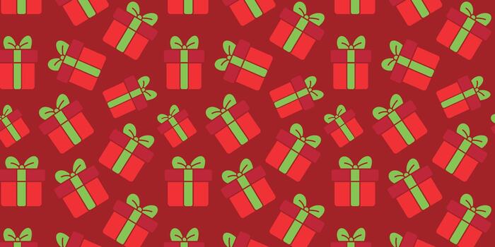 un modelo de dispersado rojo y verde regalo cajas en un rojo antecedentes. esta festivo repitiendo ilustración es ideal para fiesta envase papel vector