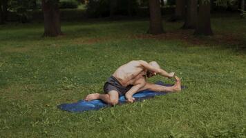 enskild praktiserande djup knäsena flexibilitet övning på gräs- yta video