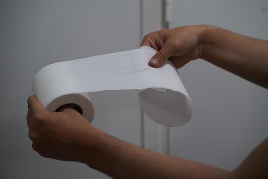 Man Holding Roll of Toilet Paper in Bathroom with Focus on One Sheet of Soft, White, Absorbent Paper in Modern Interior Setting photo