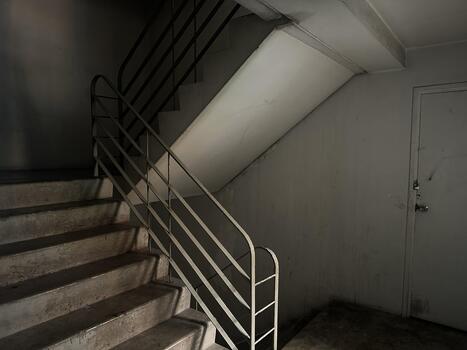 Dark and Gritty Staircase in Abandoned Building with Metal Handrail and Concrete Steps Inviting Exploration of Forgotten Spaces photo