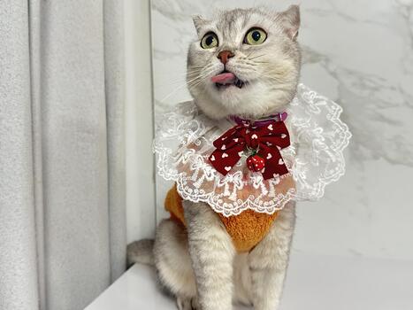 Funny cat wearing a colorful costume with lace collar sitting on a table with tongue out, looking playful and adorable with a whimsical expression photo