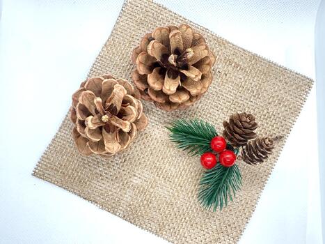 Decorative pine cones and vibrant berries on a burlap surface ideal for seasonal themes, rustic decor, and holiday projects in warm tones and natural textures photo