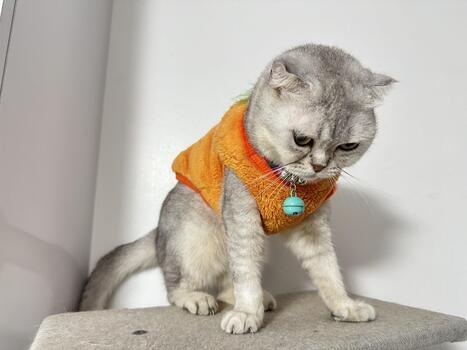 gato en vistoso suéter en suave superficie con juguetón expresión en brillante interior ambiente, Listo a disfrutar divertido momentos y Tiempo de juego ocupaciones foto