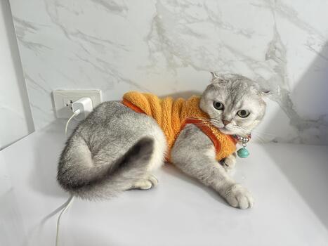 Playful Gray Cat in Bright Orange Sweater Relaxing on Smooth Surface with Power Outlet Visible in Background photo