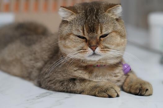 Cute fluffy cat relaxing on a marble surface with a calm expression, showcasing adorable features and fluffy fur, perfect for cat lovers and pet photos