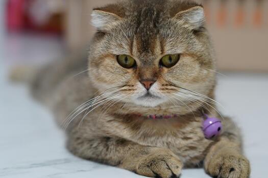 Cute fluffy cat with rounded face and curious expression resting on a smooth surface with a playful bell collar hanging around its neck photo