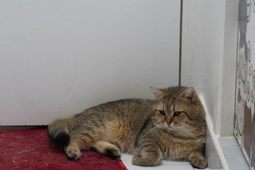 A Relaxed Domestic Cat Resting Comfortably on a Red Carpet Against a Plain Wall with Subtle Decorative Elements in a Bright Room Environment photo