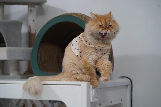 Fluffy Ginger Cat in Polka Dot Outfit Sitting on Table with Cat Tree in Background, Displaying Playful Expression in Cozy Indoor Environment photo