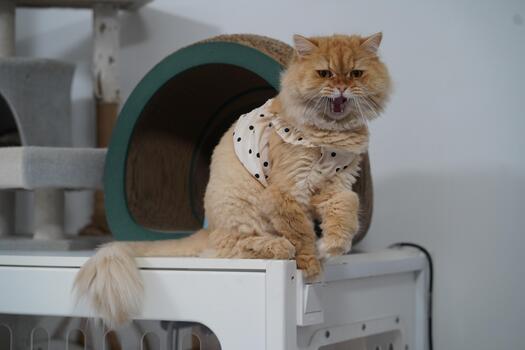 Adorable fluffy orange cat with grumpy expression in playful polka-dot outfit lounging on furniture in cozy home setting photo