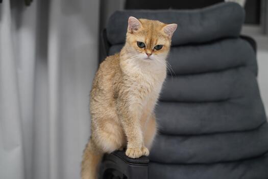 Charming golden cat sitting elegantly on a stool with a soft background, showcasing its beautiful fur and expressive eyes in a cozy indoor setting photo