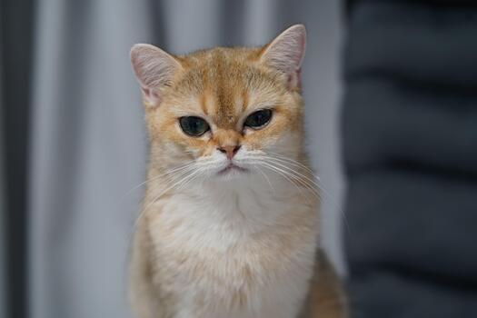Close-Up Portrait of a Cute Golden Cat with Big Eyes Sitting Against a Soft Background, Capturing Its Playful and Curious Nature in Indoor Setting photo
